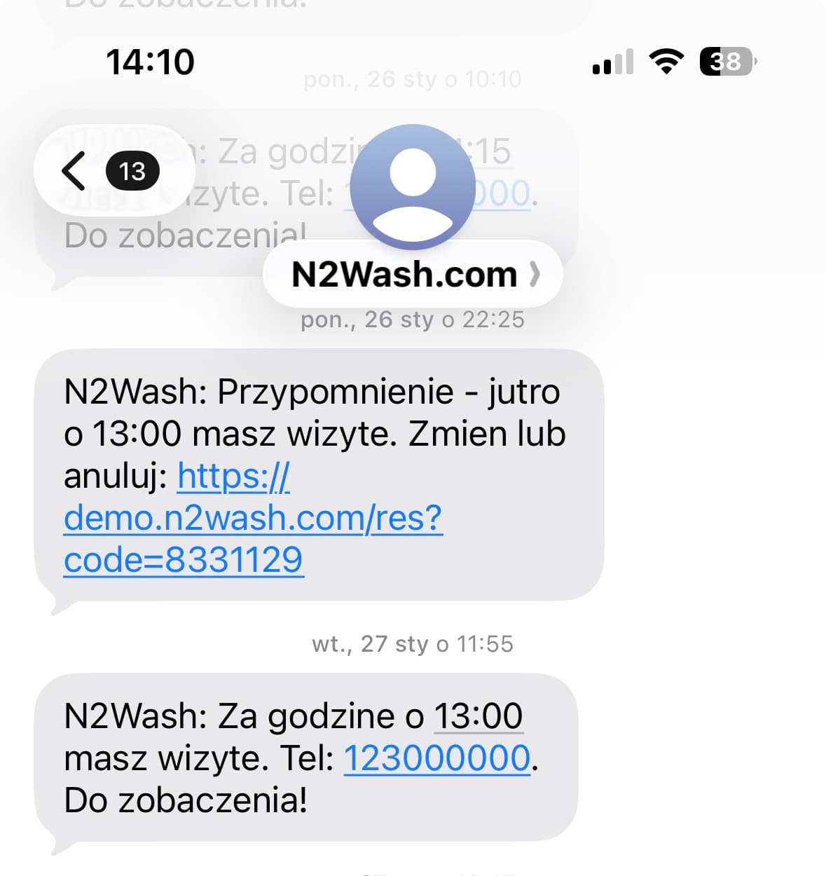 SMS przypomnienie o wizycie w myjni z systemu N2Wash