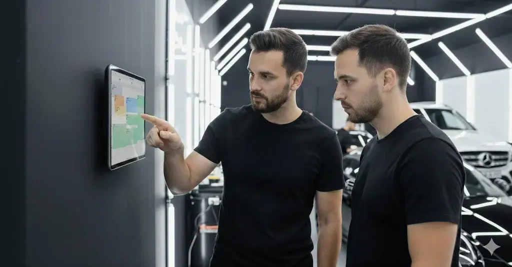 Widok tabletu na hali myjni - pracownicy widzą harmonogram zleceń w czasie rzeczywistym