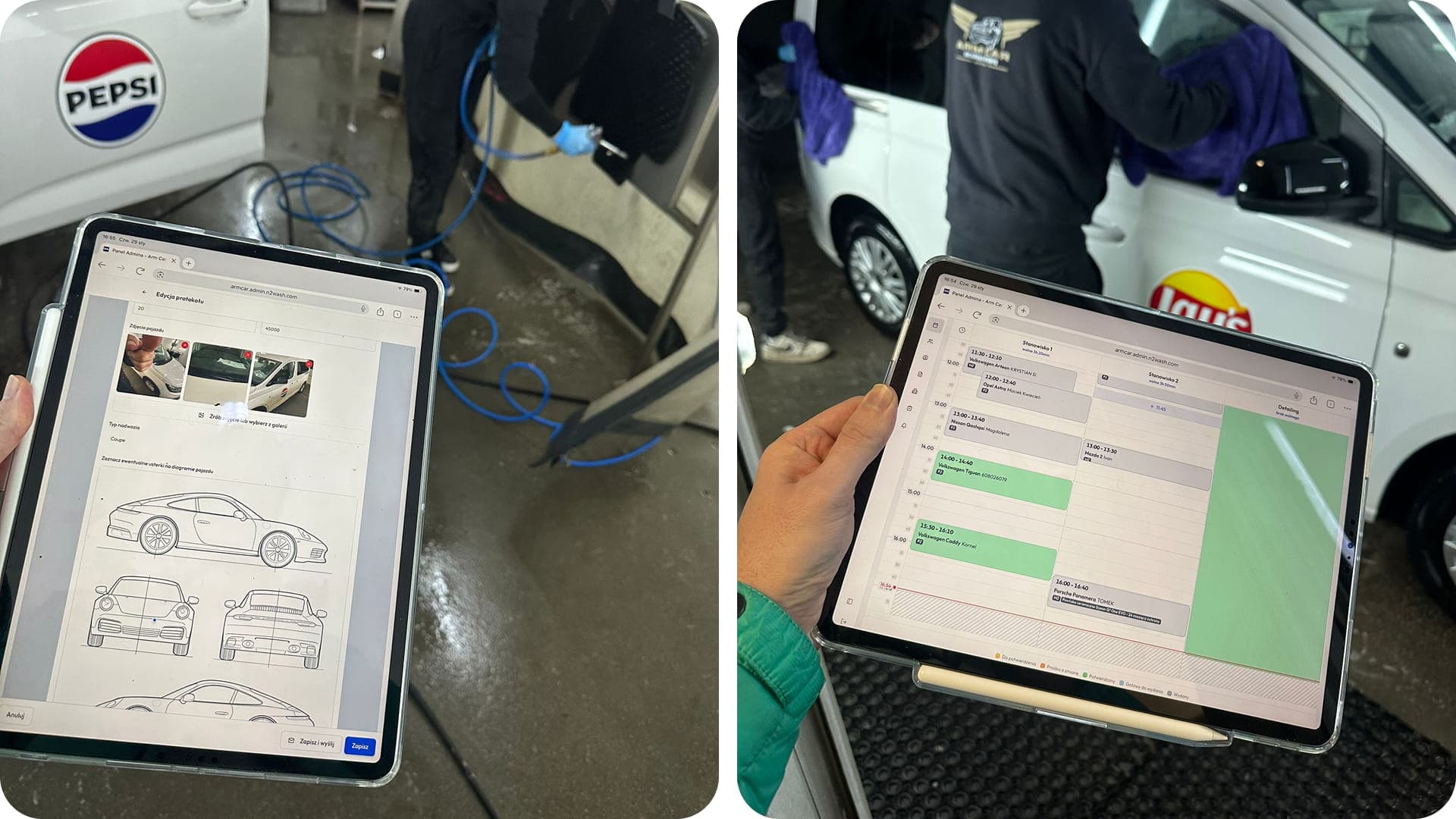 Protokół przyjęcia pojazdu i kalendarz rezerwacji N2Wash na tabletach