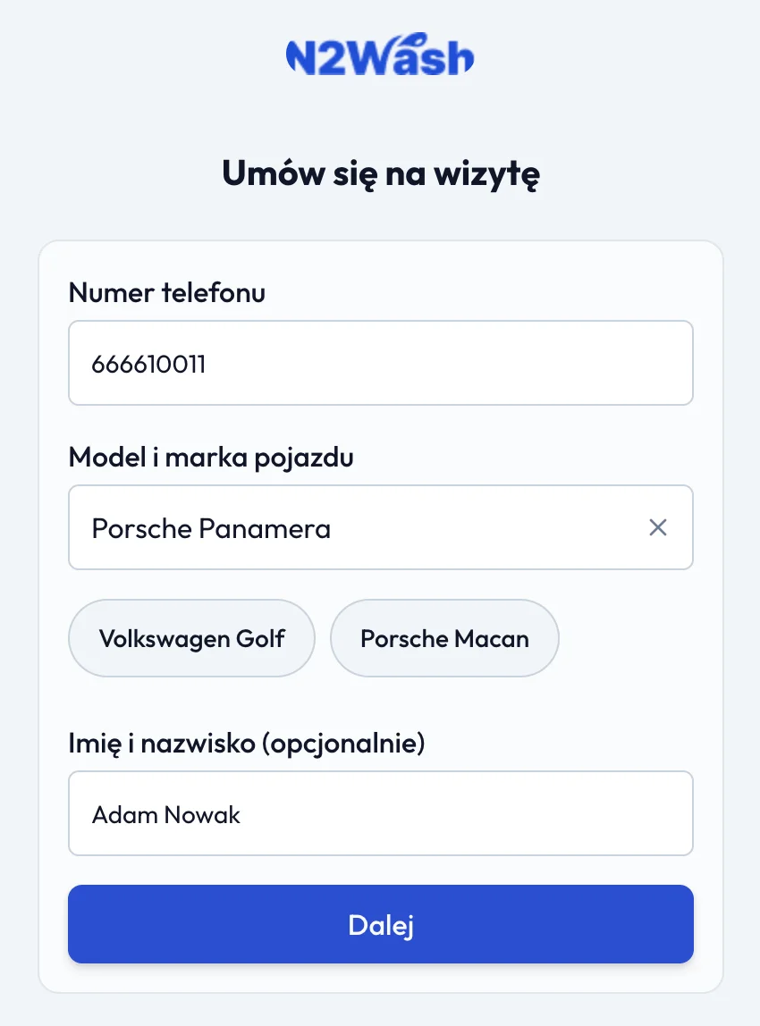 Zewnętrzny kalendarz rezerwacji N2Wash osadzony na stronie studia detailingowego