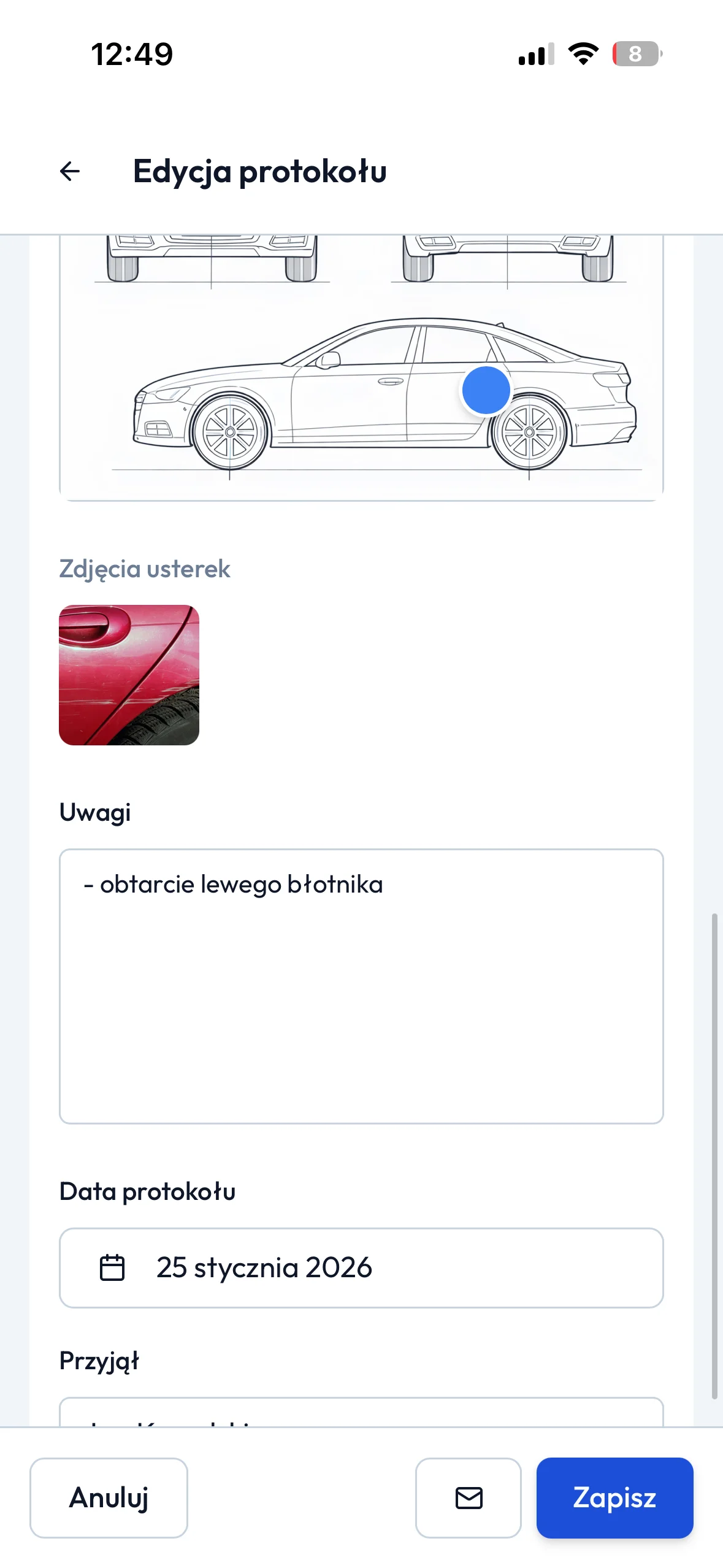 Protokół przyjęcia samochodu w studio detailingu - dokumentacja stanu pojazdu ze zdjęciami i podpisem cyfrowym